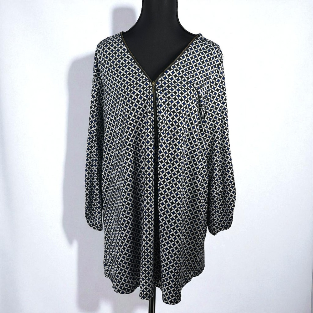 Robert Louis Blouse Woman‎ 1X Geometric Print Long Sleeve 1/4 Zip Tunic Casual